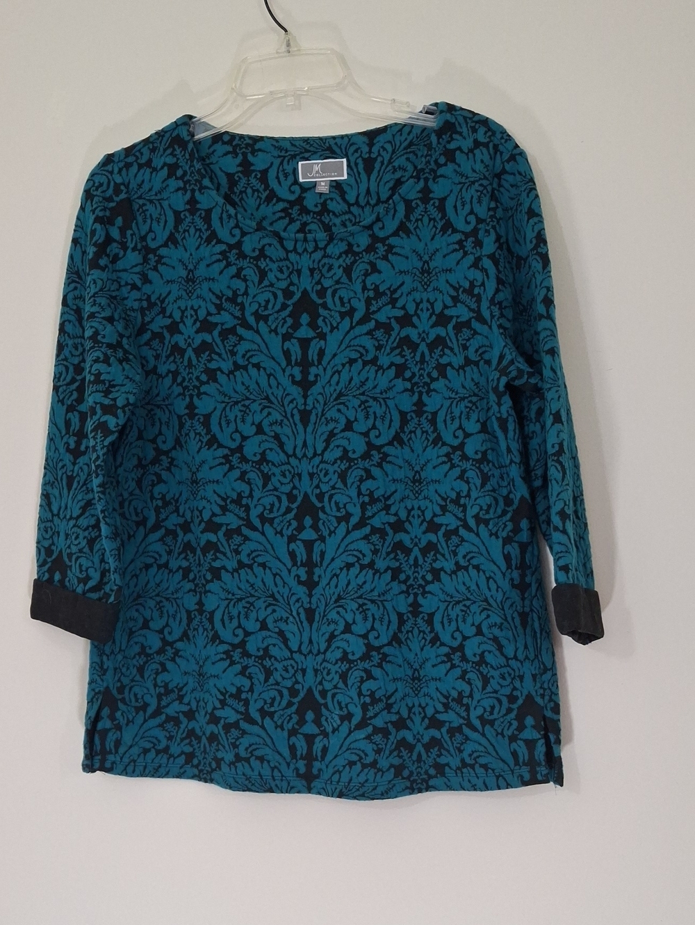 JM Collection Teal and Black Damask Three-Quarter Sleeve Top, Size Medium